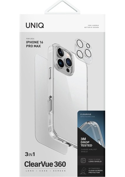 iPhone 16 Pro Max Clearvue 3lü Set Clear Hybrid Koruyucu Kılıf+Optix Clear Ekran+Lens Koruma