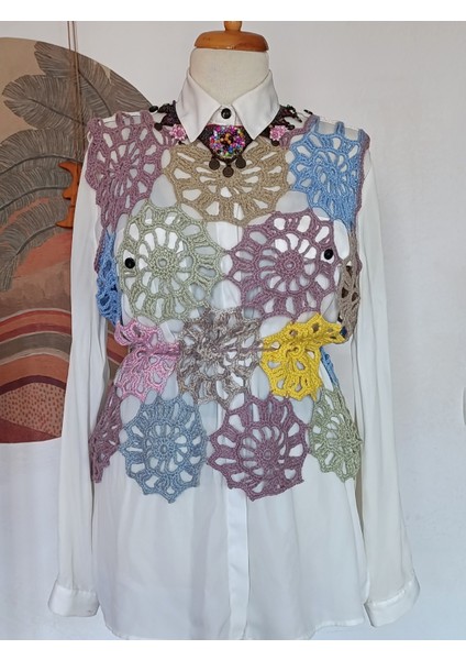 Hippybutik Çok Renkli El Yapımı Motifli Çift Yönlü Giyilebilir Bluz/süveter