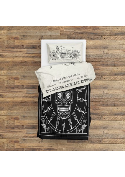 Harley Davidson Model 28B Ivory & Mexican Skull Black/white Mandala Nevresim Takımı 200 cm x 220 cm
