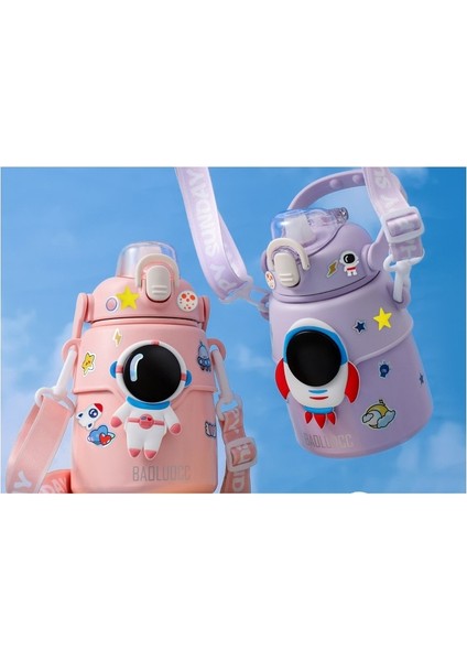 Huang Shoping 850ML Astronot Karikatür Paslanmaz Çelik Taşınabilir Kayışlı Su Şişesi Çocuk Saman Izoleli Su ŞIŞESI-850ML (Yurt Dışından)