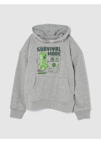 Erkek Çocuk Gri Minecraft Grafikli Fransız Havlu Kumaş Sweatshirt