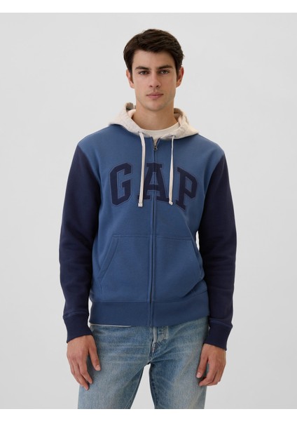 Erkek Mavi Gap Logo Colorblock Fermuarlı Fleece Sweatshirt