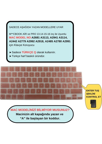 Macbook Kılıf Klavye Koruyucu M1-M2-M3 (Türkçe Q) TouchID'li A2681 A3113, A2941 A3114, A2442 A2779 A2992 A2918, A2485 A2780 A2991 ile Uyumlu