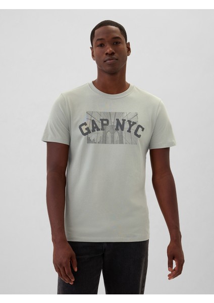 Erkek Gri Gap Logo Grafikli T-Shirt