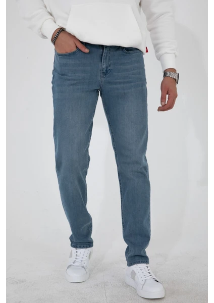 Hlt Jeans Erkek Taşlamalı Mavi Regular Fit Rahat Kesim Esnek Likralı Denim Jeans Kot Pantolon HLTHE003001