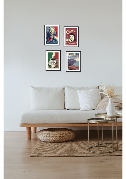 Mdf Tablo Ev Dekorasyon 4 Parça Çerçeve Görünümlü - Marilyn Monroe, Coffee, Italiano, California