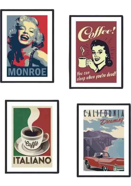Mdf Tablo Ev Dekorasyon 4 Parça Çerçeve Görünümlü - Marilyn Monroe, Coffee, Italiano, California fiyatları