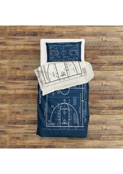 Basketball Court Navy Blue & Ivory Çift Taraflı Nevresim Takımı - 200 cm x 220 cm