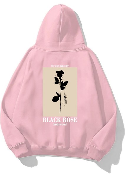 Kapüşonlu Içi Polar Black Rose Baskılı Pembe Unisex Sweatshirt