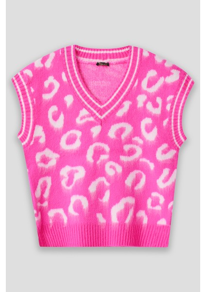 Summer Winter Club Kadın V Yaka Fitilli Kenarlı Kolsuzleopar Desen % 100 Ipek Şardonlu 2 Renk Süveter