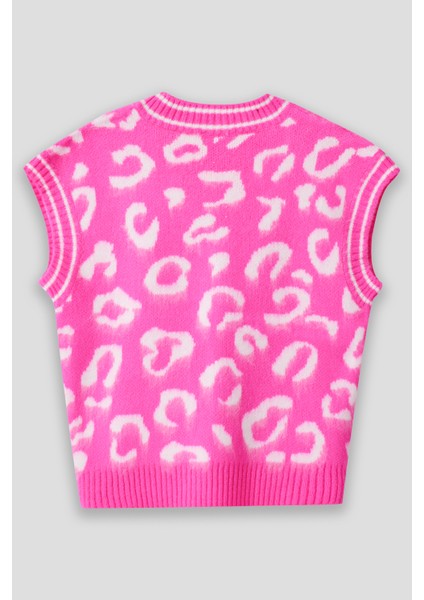 Summer Winter Club Kadın V Yaka Fitilli Kenarlı Kolsuzleopar Desen % 100 Ipek Şardonlu 2 Renk Süveter modelleri