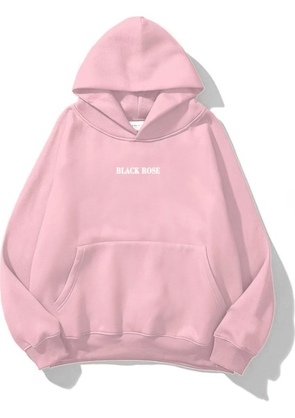 Kapüşonlu Içi Polar Black Rose Baskılı Pembe Sweatshirt