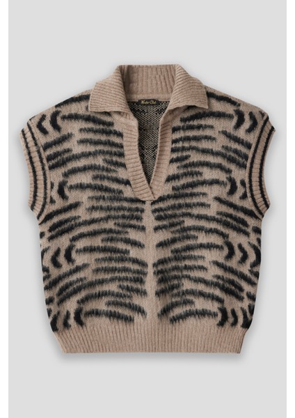 Summer Winter Club Kadın Şardonlu Polo Yaka Fitilli Kenarlı Kolsuz % 100 Ipek Süveter