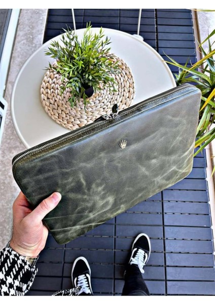 Bouches Crazy Yeşil Hakiki Deri Clutch El Çantası