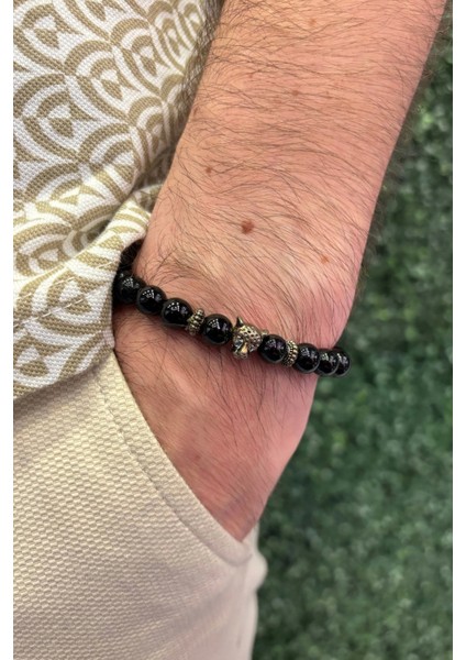 Siyah Renk Boncuk Detaylı Kaplan Figürlü Erkek Bileklik