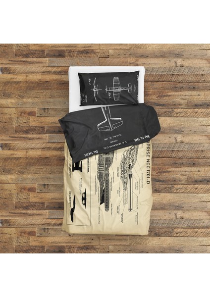 F4U Corsair Chalkboard & Uss Enterprise Vintage Çift Taraflı Nevresim Takımı - 200 cm x 220 cm