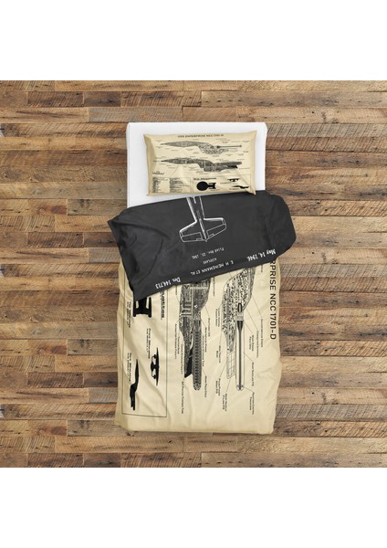 F4U Corsair Chalkboard & Uss Enterprise Vintage Çift Taraflı Nevresim Takımı - 200 cm x 220 cm