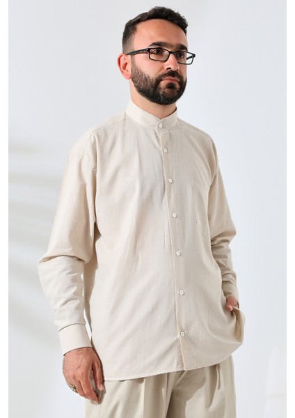 Bej Erkek Bol Kesim Tek Cepli Hakim Yaka Hac ve Umre Keten Gömlek modelleri