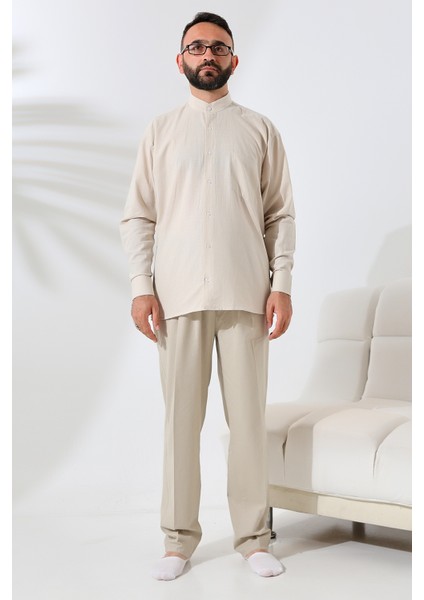 Bej Erkek Bol Kesim Tek Cepli Hakim Yaka Hac ve Umre Keten Gömlek indirimleri