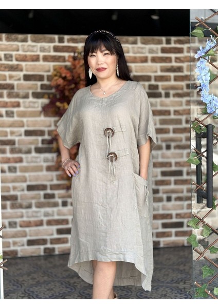 N231344 Italyan Keten Elbise Vizon