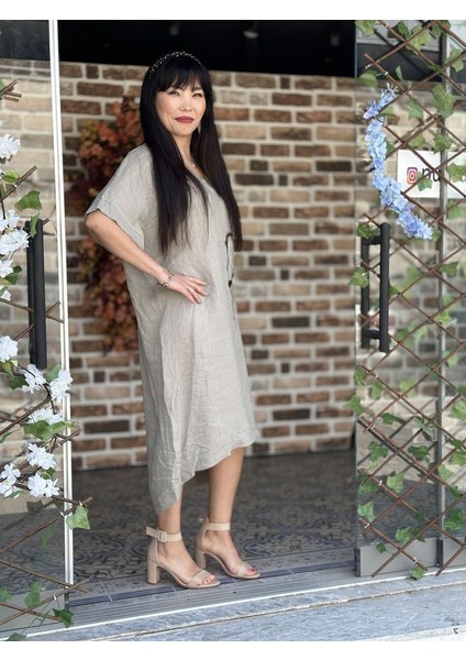 N231344 Italyan Keten Elbise Vizon fiyatları