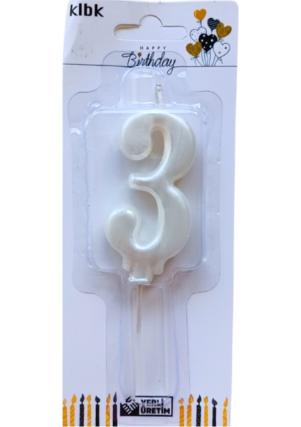 3 Yaş Büyük Boy (7 Cm) 3 Rakam Lüks Pasta Mum Beyaz