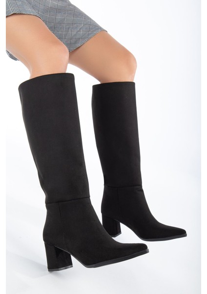 Fadiya Siyah Süet Sivri Burunlu Çekme Çizme modelleri