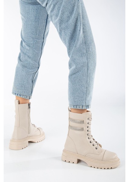 Teri Krem Cilt Taş Detaylı Bağcıklı Kadın Bot