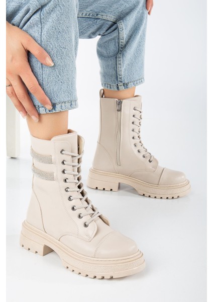 Teri Krem Cilt Taş Detaylı Bağcıklı Kadın Bot fiyatları