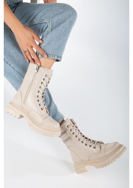 Teri Krem Cilt Taş Detaylı Bağcıklı Kadın Bot modelleri