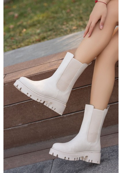 Unte Krem Cilt Lastik Detaylı Kadın Bot modelleri