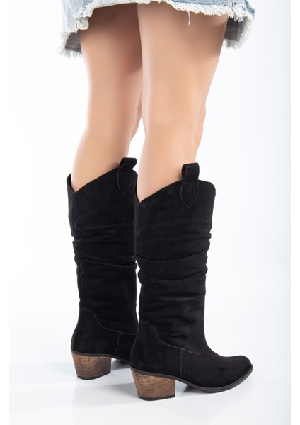 Rimaz Siyah Süet Körüklü Topuklu Kadın Çizme