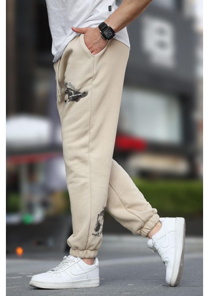 Bej Erkek Paçası Lastikli Cep Detaylı Baskılı Eşofman Altı 6553 modelleri