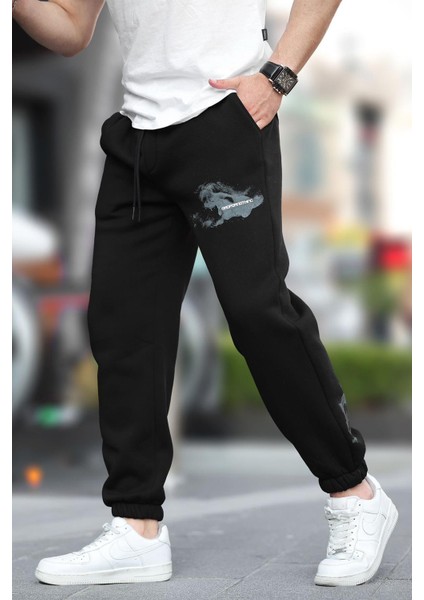 Siyah Erkek Paçası Lastikli Cep Detaylı Baskılı Eşofman Altı 6553