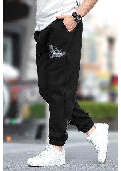 Siyah Erkek Paçası Lastikli Cep Detaylı Baskılı Eşofman Altı 6553 fiyatları