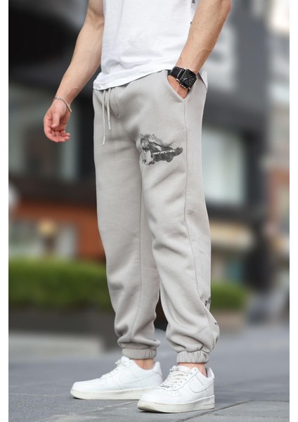 Boyalı Gri Erkek Paçası Lastikli Cep Detaylı Baskılı Eşofman Altı 6553