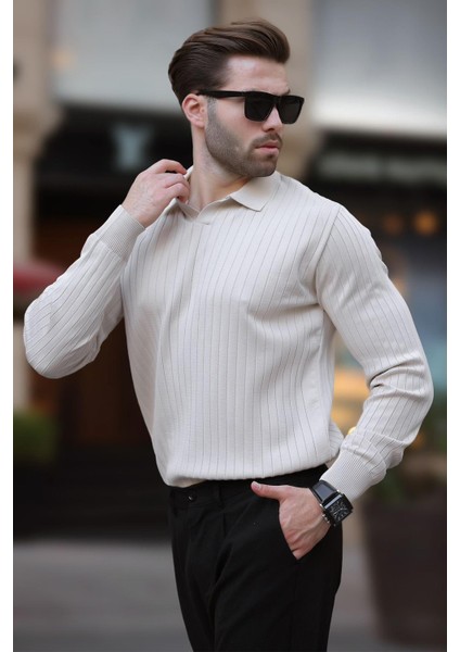 Bej Polo Yaka Çizgili Uzun Kollu Kazak 7239