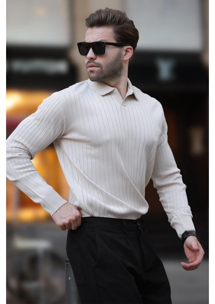 Bej Polo Yaka Çizgili Uzun Kollu Kazak 7239 fiyatları