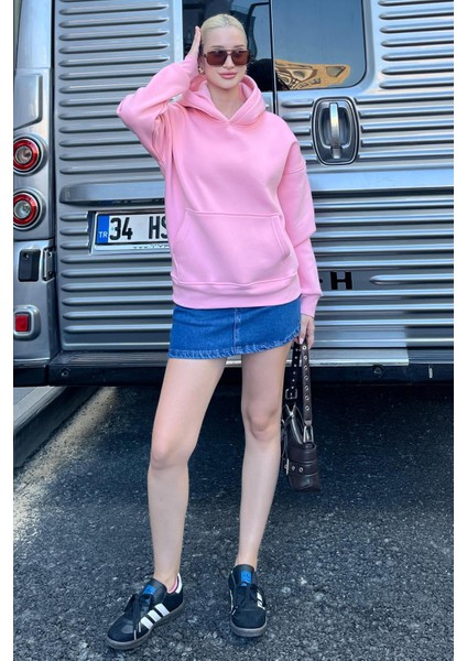 Pembe Kapüşonlu Şardonlu Oversize Cepli Sweatshirt MG2206 fiyatları