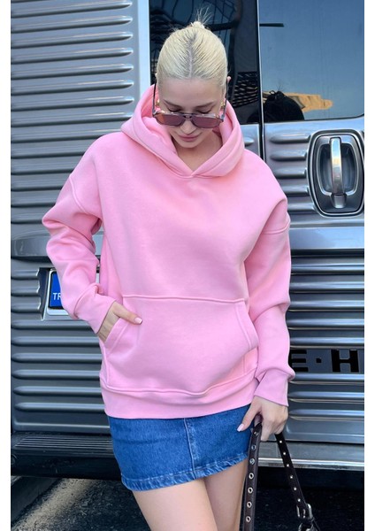 Pembe Kapüşonlu Şardonlu Oversize Cepli Sweatshirt MG2206 modelleri