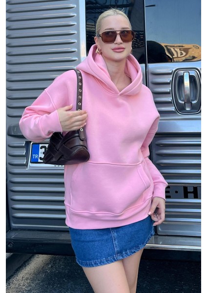 Pembe Kapüşonlu Şardonlu Oversize Cepli Sweatshirt MG2206 fırsatları