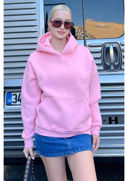 Pembe Kapüşonlu Şardonlu Oversize Cepli Sweatshirt MG2206 indirimleri