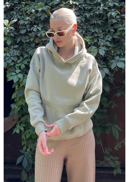 Çağla Yeşili Kapüşonlu Şardonlu Oversize Cepli Sweatshirt MG2206