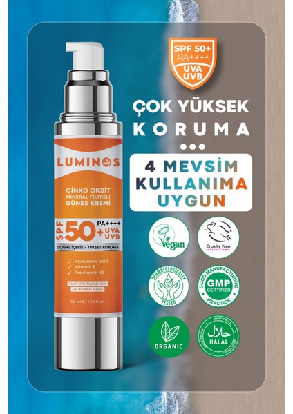 Premium Çinko Oksit Mineral Filtreli Spf 50+ Doğal Güneş Kremi 50 ml