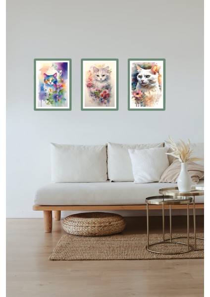 3 Parça Mdf Kedi Ve Çiçek Tablosu