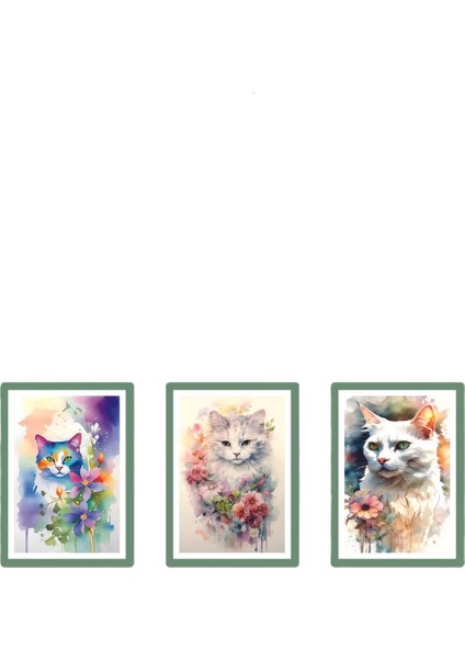 3 Parça Mdf Kedi Ve Çiçek Tablosu