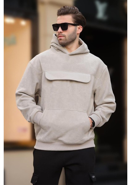 Boyalı Gri Kapüşonlu Kapaklı Cep Detaylı Polar Erkek Sweatshirt 7097