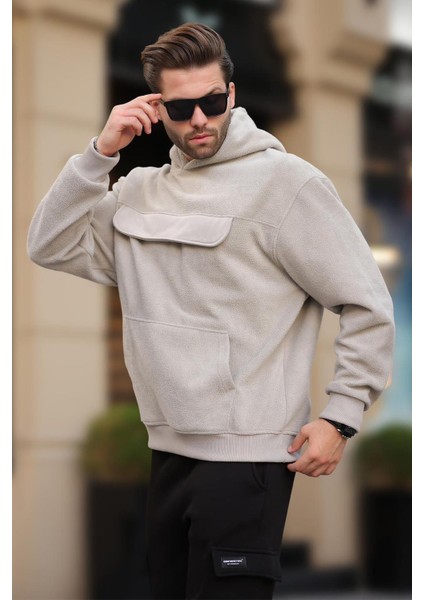 Boyalı Gri Kapüşonlu Kapaklı Cep Detaylı Polar Erkek Sweatshirt 7097 modelleri