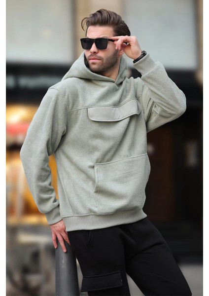 Çağla Yeşili Kapüşonlu Kapaklı Cep Detaylı Polar Erkek Sweatshirt 7097 modelleri