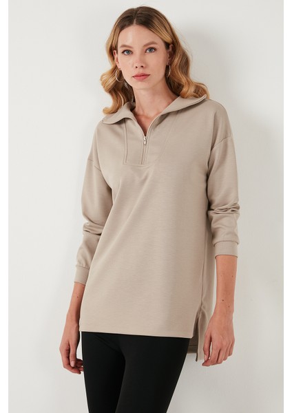 Regular Fit Fermuarlı Yaka Önü Kısa Arkası Uzun Sweat Bayan Sweat 5865876 fırsatları